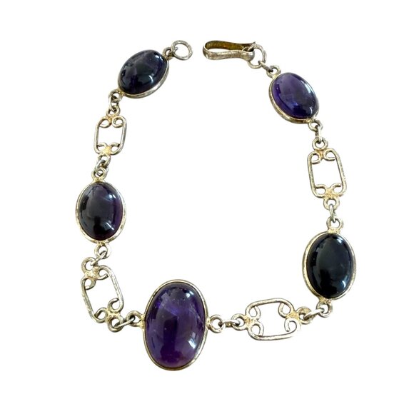 Sterling Silver Bezeled Amethyst cabochon Ovals Handmade 8" Bracelet - Picture 5 of 7